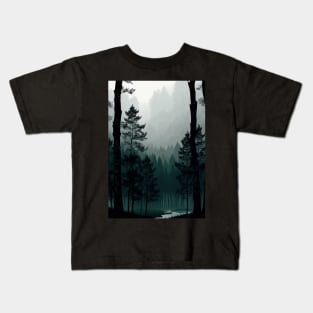 Tall Pine Forest in the Fog Kids T-Shirt